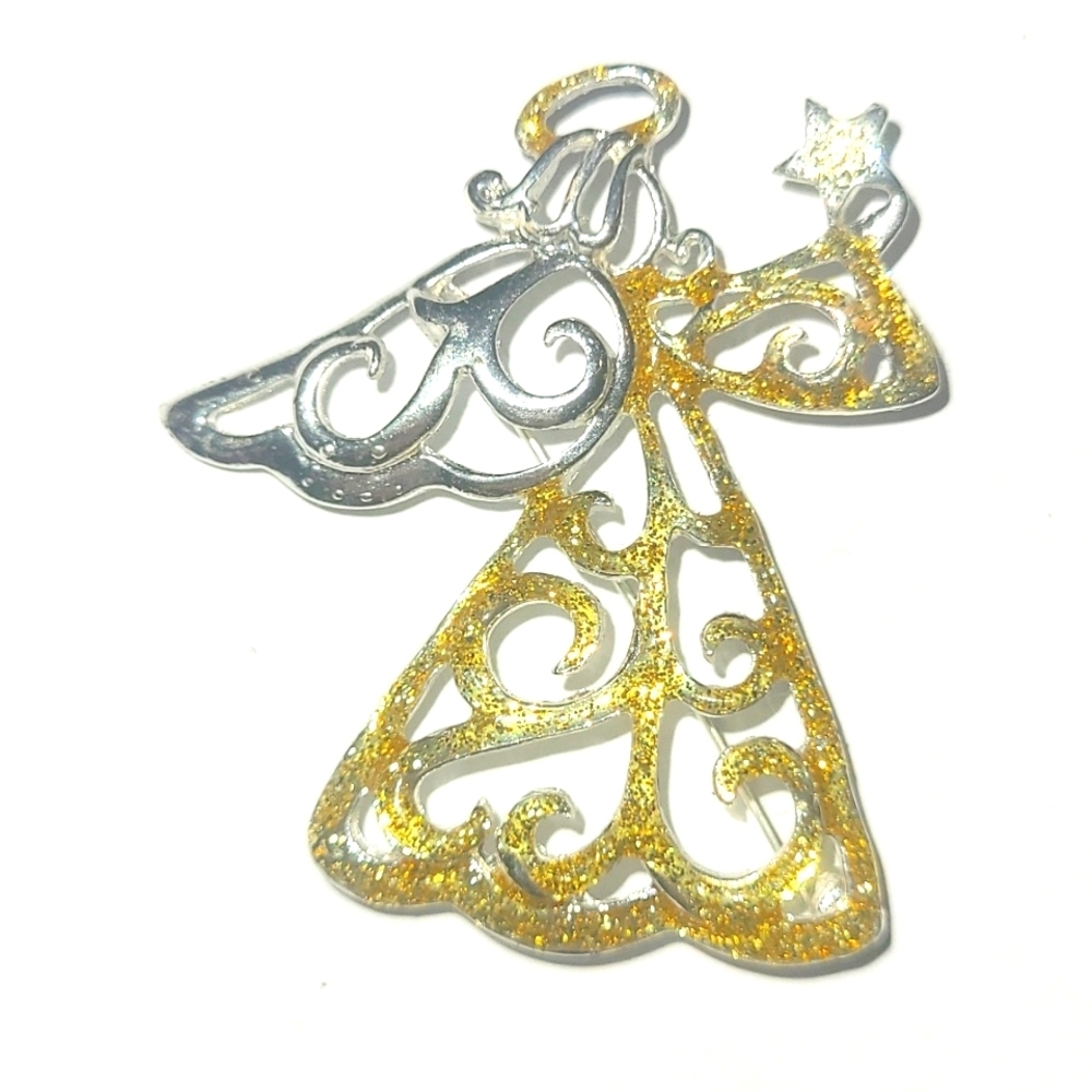 Kim Rogers Angel Brooch Gold Silver Glitter Enamel Star Holiday Pin Christmas